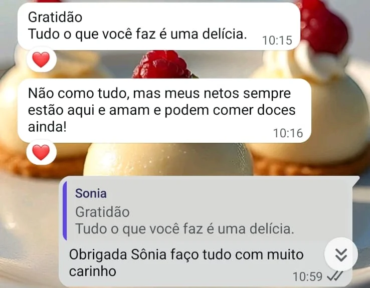 Depoimento de cliente Sonia expressando gratidão e carinho